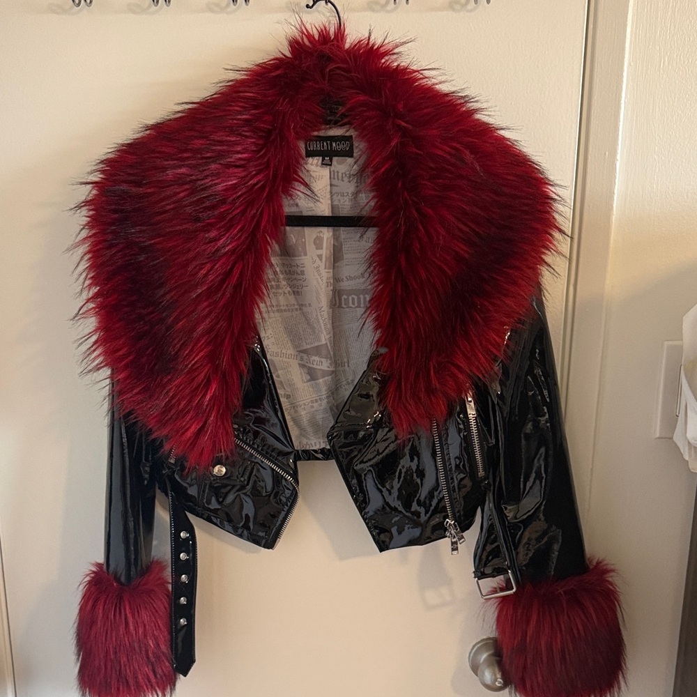Current Mood Black and Red Faux Fur Leather Jacket
